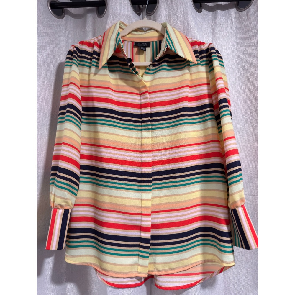 Halogen‎ x Atlantic-Pacific Womens Multi Color Striped Button Down Blouse Small